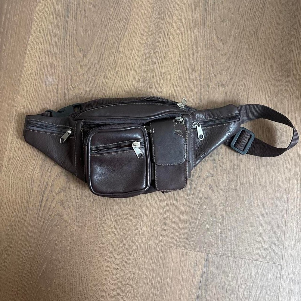 Vintage Brown Leather Fanny Pack Waist Bag Y2K 90s Multi Pocket Travel Belt Bag